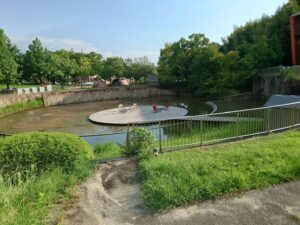 池の中央に机といすが置いてある写真