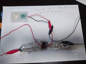 炭の電池をつなげた電子オルゴールの写真